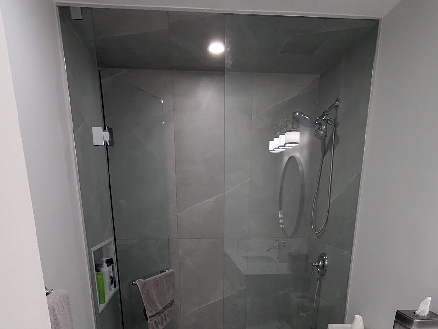 Finished glass shower and vanity detail